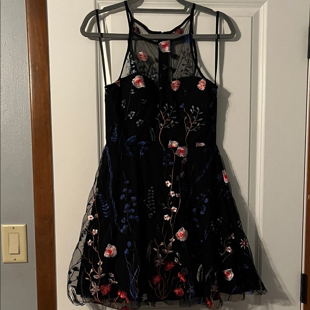 Elegant Black Floral Embroidered Mini Dress